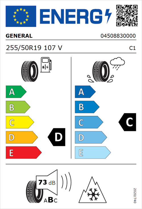 Tyre Label for General Grabber A/S 365 255/50R19 107V