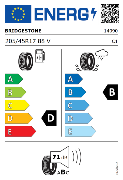 Tyre Label for Bridgestone Potenza RE050A 205/45R17 88V