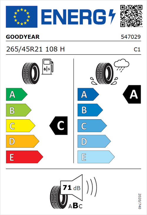 Tyre Label for Goodyear Eagle F1 Asymmetric 3 SUV 265/45R21 108H