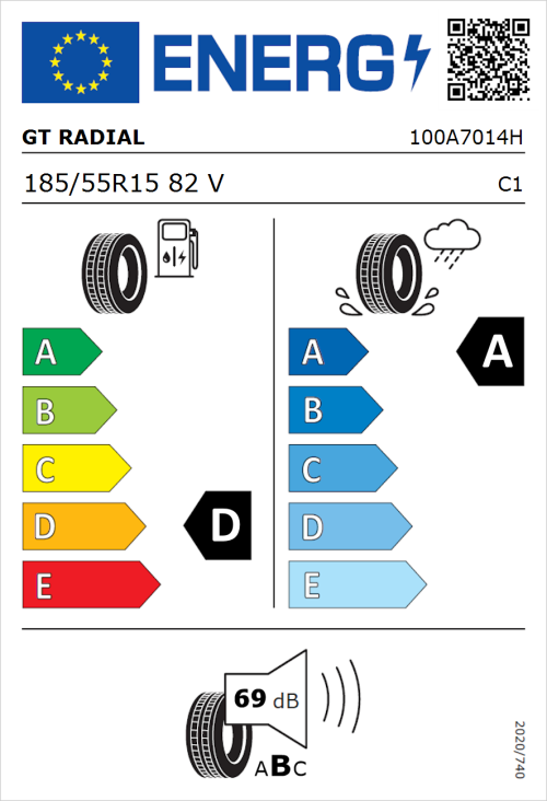 Tyre Label for GT Radial FE2 185/55R15 82V