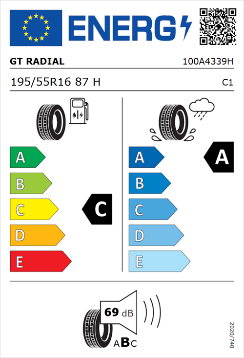 Tyre Label for GT Radial FE2 195/55R16 87H