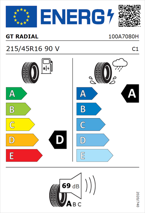 Tyre Label for GT Radial FE2 215/45R16 90V