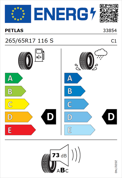 Tyre Label for Petlas Explero PT421 A/T 265/65R17 116S