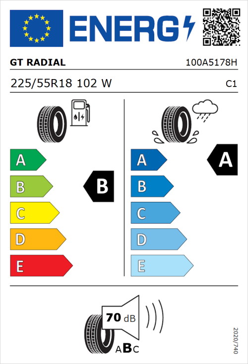 Tyre Label for GT Radial FE2 225/55R18 102W