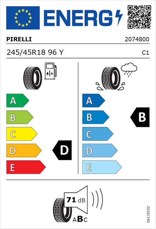 Tyre Label for Pirelli Cinturato P7 Run Flat 245/45R18 96Y