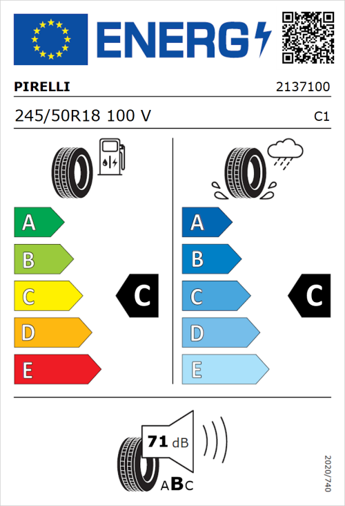 Tyre Label for Pirelli Cinturato P7 Run Flat 245/50R18 100V