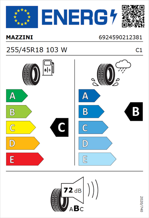 Tyre Label for Mazzini Eco 607 255/45R18 103W